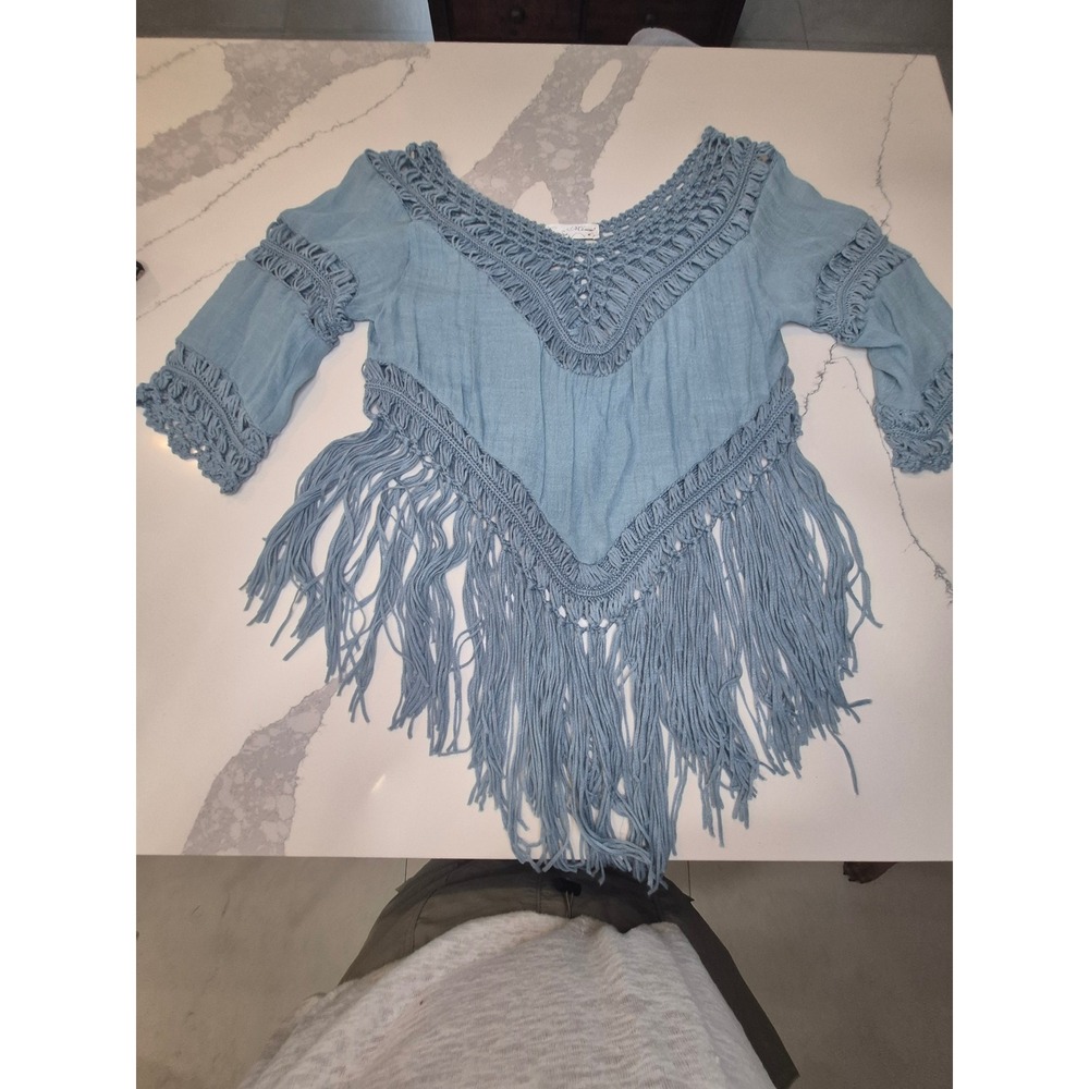 Mizumi Blue Boho Crochet Fringe Top Womens Medium 3/4 Sleeve Festival‎ Blouse